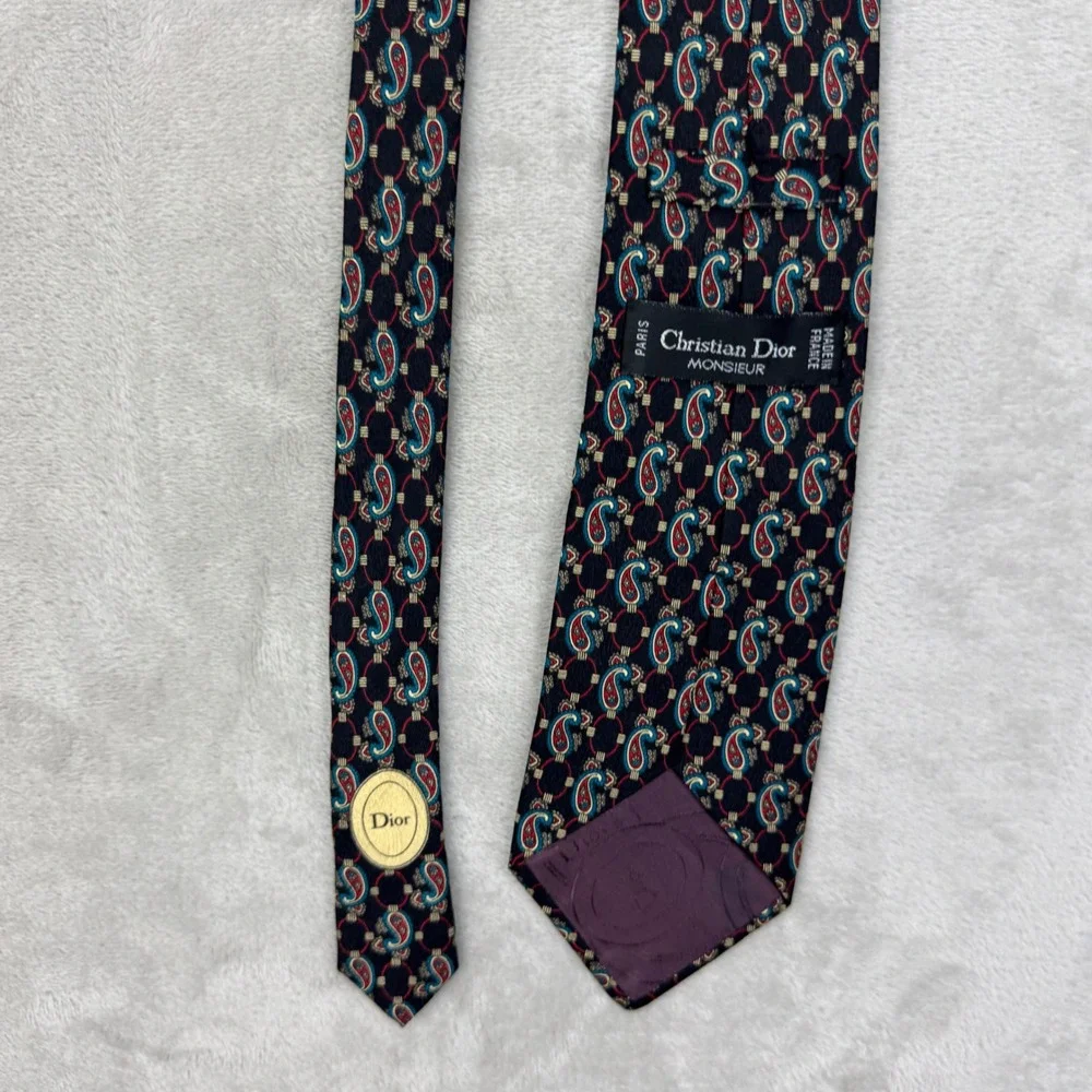 Christian Dior Tie Mens 3.5 Black Paisley Silk Vintage Formal Designer Accessory